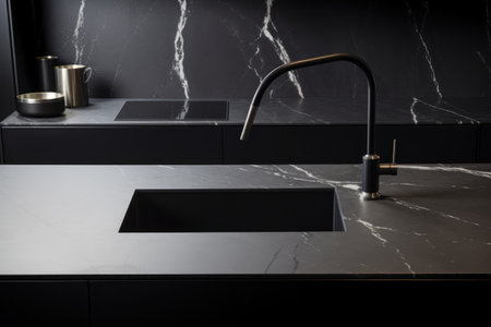 Marble square kitchen countertop minimal with sink, sink tap matte black and cooking surface in background, contemporary kitchen design.の素材