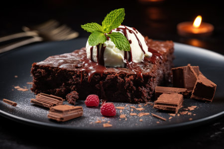 Closeup chocolate dessert brownie cake with layer of cream, ice cream ball on top and decorated with pieces chocolate on round plate on black background.の素材