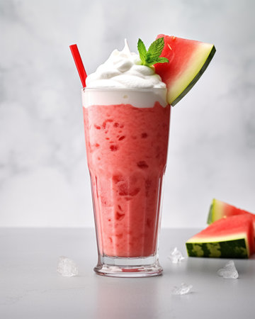 Watermelon milkshake cocktail in tall glass on concrete surface, beautifully decorated slice of watermelon, whipped cream and straw.の素材