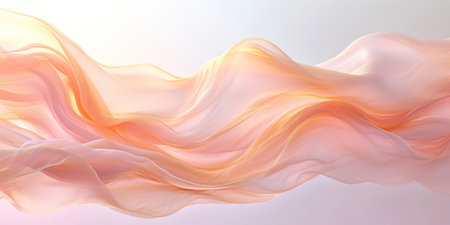 Thin soft silk fabric peach fuzz color steams gracefully on white background, flowing smooth waves of delicate transparent chiffon, wallpaper or banner for web.の素材