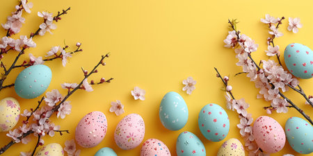 Blue and pink decorated Easter eggs and flowering branches with cherry blossoms flat lay on yellow background with copy space, happy Easter concept.の素材