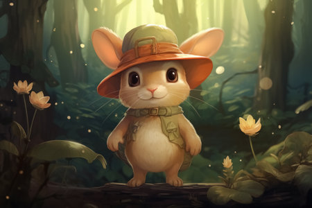 Cartoon rabbit wearing vintage hat and vest walking in the forest. Fun trip to nature.の素材