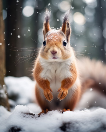 Red squirrel in snow forest on tree in winter on blurred background.の素材