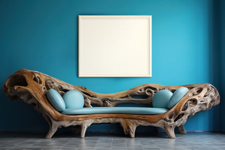 Craft furniture blue sofa in rustic style made of tree trunk in living room next to stucco wall under white empty mock up square with copy space.の素材