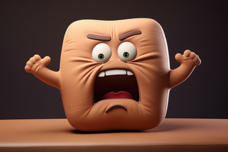 Illustration of screaming and indignant cushion, brown pillow shows its resentment with gestures and emotions as cartoon character, angry expression on its face.の素材
