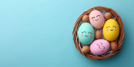 Colorful funny painted Easter eggs with cheerful faces in wicker basket flat lay on blue background with copy space, banner for happy Easter.の素材