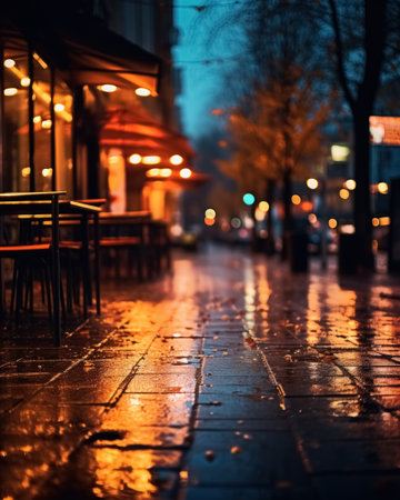 Evening city street after rain, closed cafe, blurred background with empty street and reflection of lights on wet asphalt.の素材
