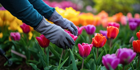 Hands of person in gloves take care of blooming tulips in flower bed in the garden on sunny day.の素材