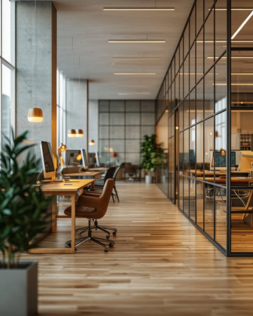 Empty modern bright open space business office with wooden furniture, computers, glass walls, plants is flooded with sunlight.の素材