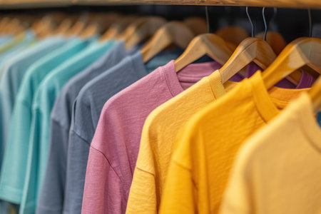 Row colorful pastel colors textile simple t-shirts in clothing rack in store, selling variety of stylish, fashionable casual clothes hanging on hangerの素材