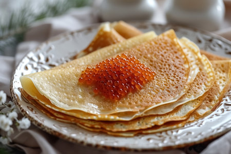 Homemade thin pancakes decorated with red caviar on white plate on cozy background, festive dish for Maslenitsa week.の素材