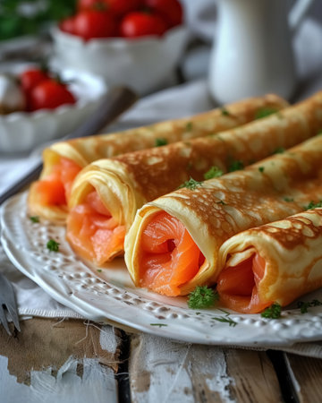 Several thin pancakes stuffed with salted salmon, close up white plate on rustic style wooden background, treats for maslenitsa.の素材