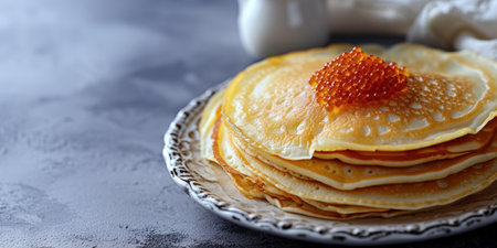 Pile homemade thin pancakes decorated with red caviar on white plate on gray concrete background with negative space, banner with festive dish for Maslenitsa week.の素材
