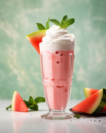 Watermelon milkshake cocktail in tall glass on gray concrete background, beautifully decorated slice of watermelon, mint and whipped cream.の素材