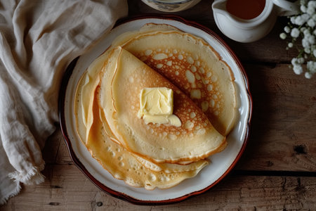 Homemade thin pancakes with piece of butter in white plate flat lay on black wooden background, rustic style, festive dish for Maslenitsa week.の素材