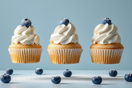 Three cupcakes with whipped cream and blueberries flying in the air on blue pastel gradient background.の素材