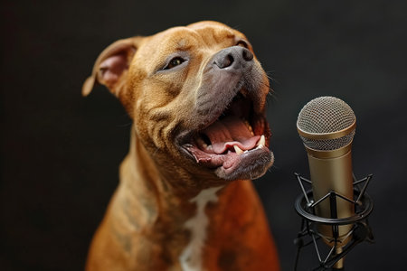 Cute dog is singing song in microphone in music studio. Banner with dog musician on black background.の素材