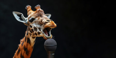 Funny giraffe is singing song in microphone, records track in recording studio. Banner with giraffe musician on black background with copy space.の素材