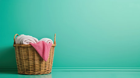 Wicker basket with dirty laundry on the floor in bathroom against green wall with copy space.の素材