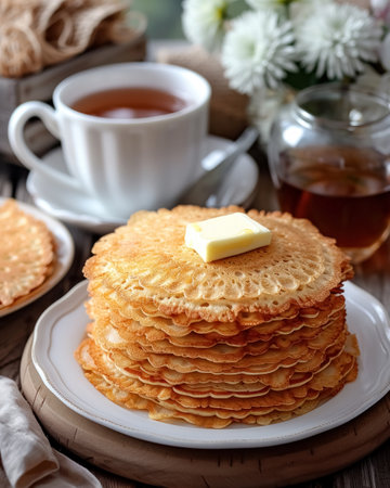 High heap of homemade thin pancakes with piece of butter on gray plate on brown wooden tableware with cup of tea and white flowers, rustic style, delicious dish for holiday celebration.の素材