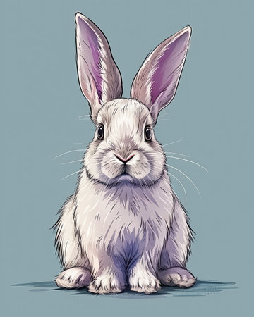 Cute little white rabbit on gray solid background, vintage-style greeting card.の素材