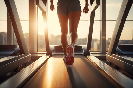 Young, sportive woman is running on treadmill, morning rays of the sun illuminated gym from window, back view, contour lighting, concept of healthy active and lifestyle.の素材