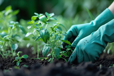 Person in gloves cultivating of young seedlings tomatoes in garden, healthy organic vegetarian food.の素材