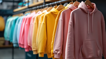 Row of colorful pastel colors casual attire hoodies on hangers in clothing shop close up, variety of modern clothes in showroom.の素材