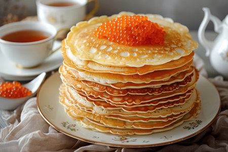 Heap homemade thin pancakes decorated with red caviar on top served on white plate and cup of tea on wooden background.の素材