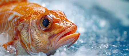 Close up of head of red, raw sea bass or tilapia on ice blue background with copy space, fresh fish in showcase of fish store.の素材