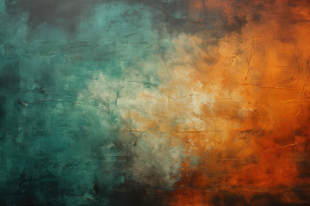 Abstract textured wall background with dark gradient cool green and warm orange tones, distressed, old vintage rough texture design.の素材