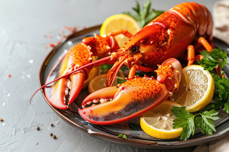 Close up cooked boiled lobsters with sliced lemons and parsley serving on plate on gray concrete background, healthy seafood.の素材
