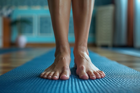 Close up feet of woman standing on stretching or yoga blue mat for exercise in training room.の素材