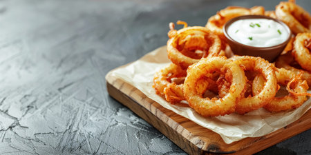 Fried crispy onion rings with white sauce on cutting board on gray concrete background with copy space.の素材