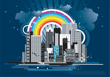 Urban scene with many different shapes, vector illustrationのイラスト素材