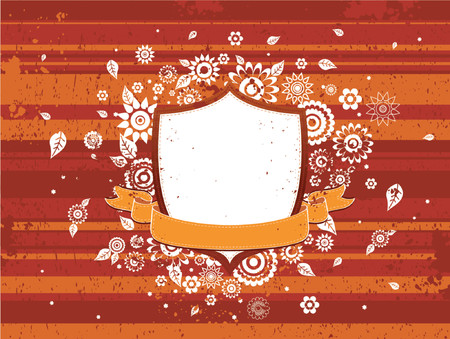 vector shield, orange ribbon and decorative flowersのイラスト素材