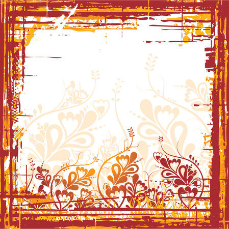 Grunge vector red background with leafs and flowers, vector illustrationのイラスト素材
