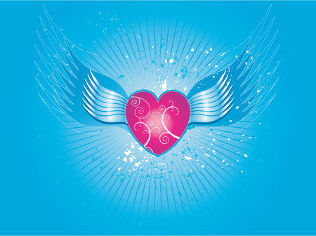 Lovely pink heart on blue background with wings, vector, valentinesのイラスト素材