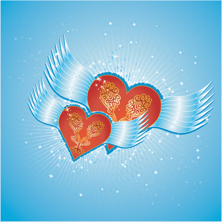 Lovely red hearts on blue background with wings,vector illustrationのイラスト素材