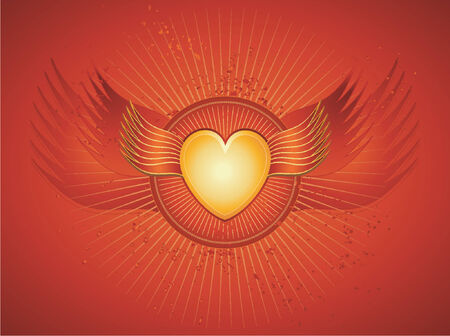Lovely golden heart on red background with wings,vector illustrationのイラスト素材