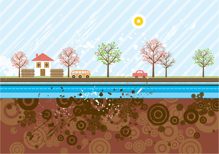 Urban background with many automobiles,trees, automobile, vector illustrationのイラスト素材