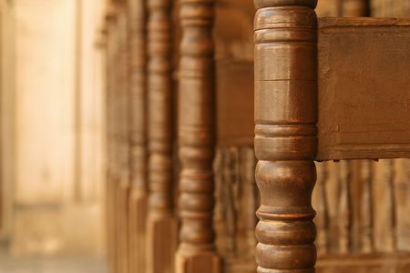Macro of wood chair in bulgarian old monasteryの写真素材