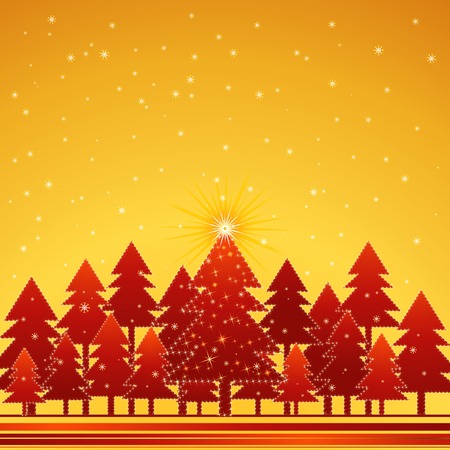 christmas card  with forest of pine and snowflakes in the golden  sky,vector illustrationのイラスト素材