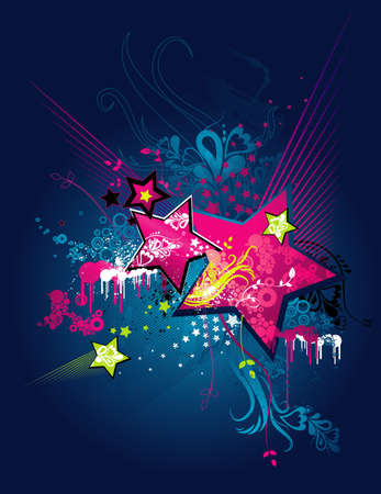 grunge background with pink stars, floral, ornament, lines and splashes, vector illustrationのイラスト素材