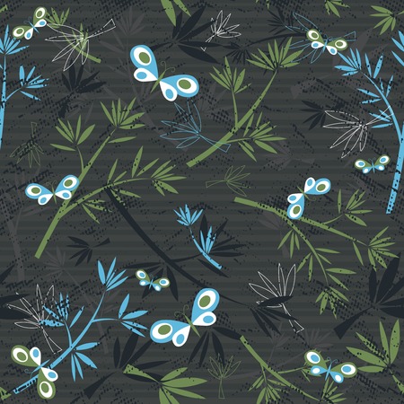 texture of bamboo spray and butterflies on grey backgroundのイラスト素材