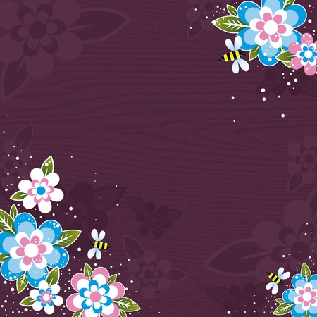violet wooden background with  bees and flowersのイラスト素材