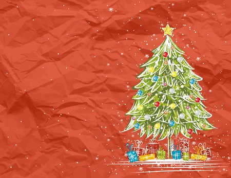 christmas tree  over  red crumple background, vector illustrationのイラスト素材