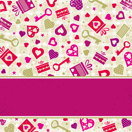 beige valentine background with pink hearts and gifts,  vector illustrationのイラスト素材