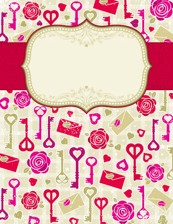 beige valentine background with pink and red hearts amd roses,  vector illustrationのイラスト素材