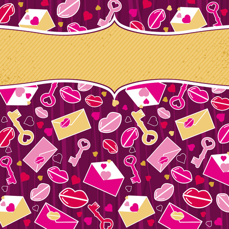 purple valentine background with pink and red hearts, envelopes, kisses and keys,  vector illustrationのイラスト素材